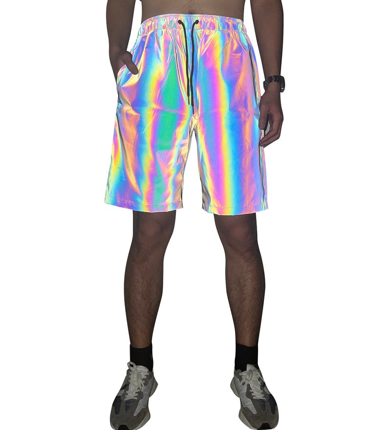 LZLRUN Rainbow Reflective Shorts Pants Men Fluorescent Trousers Casual Night Jogger (M, Shorts) - Image 1